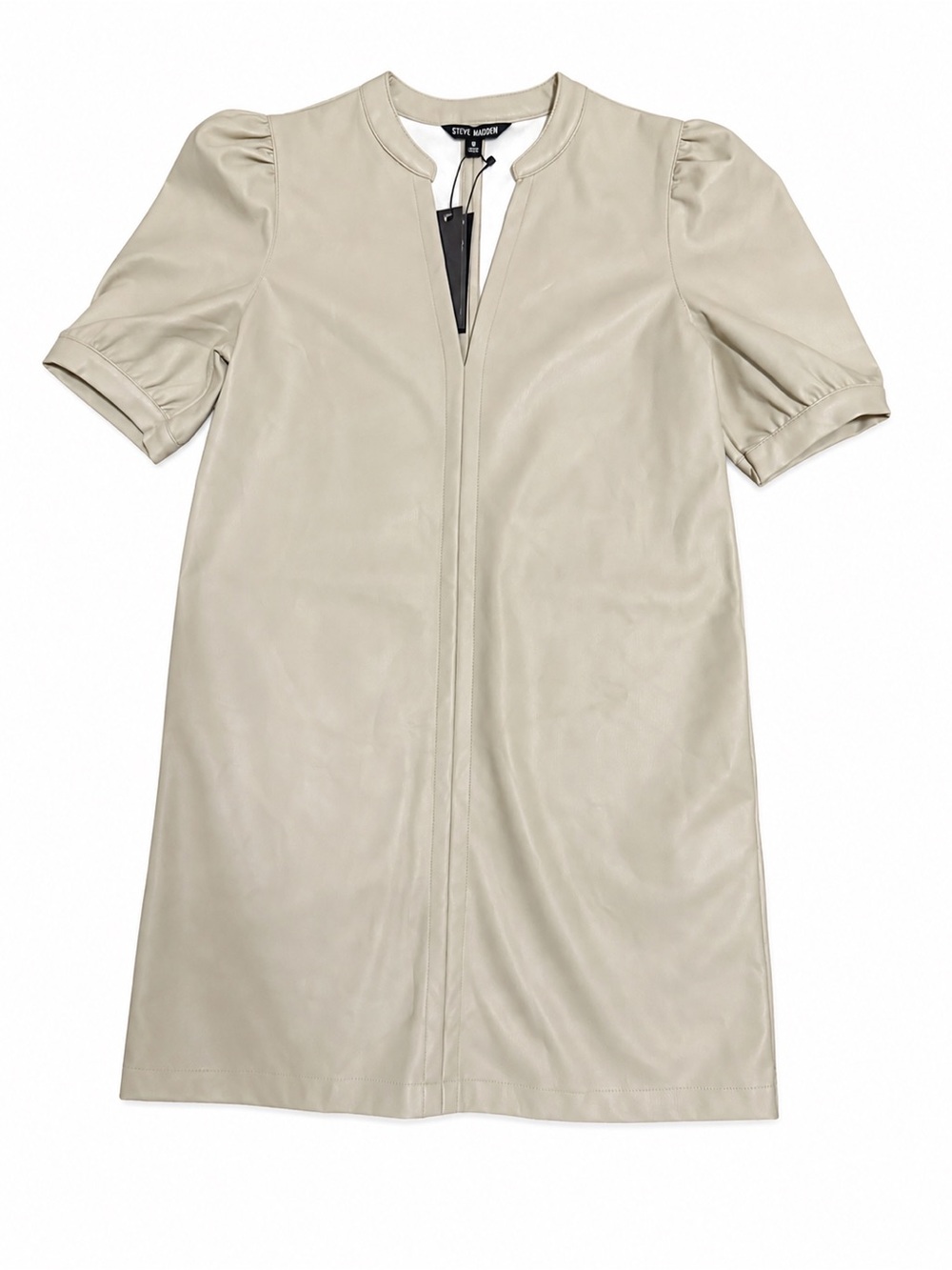 Steve Madden Faux Leather Mini Dress Beige Puff Sleeve Shift Dress Small NWT